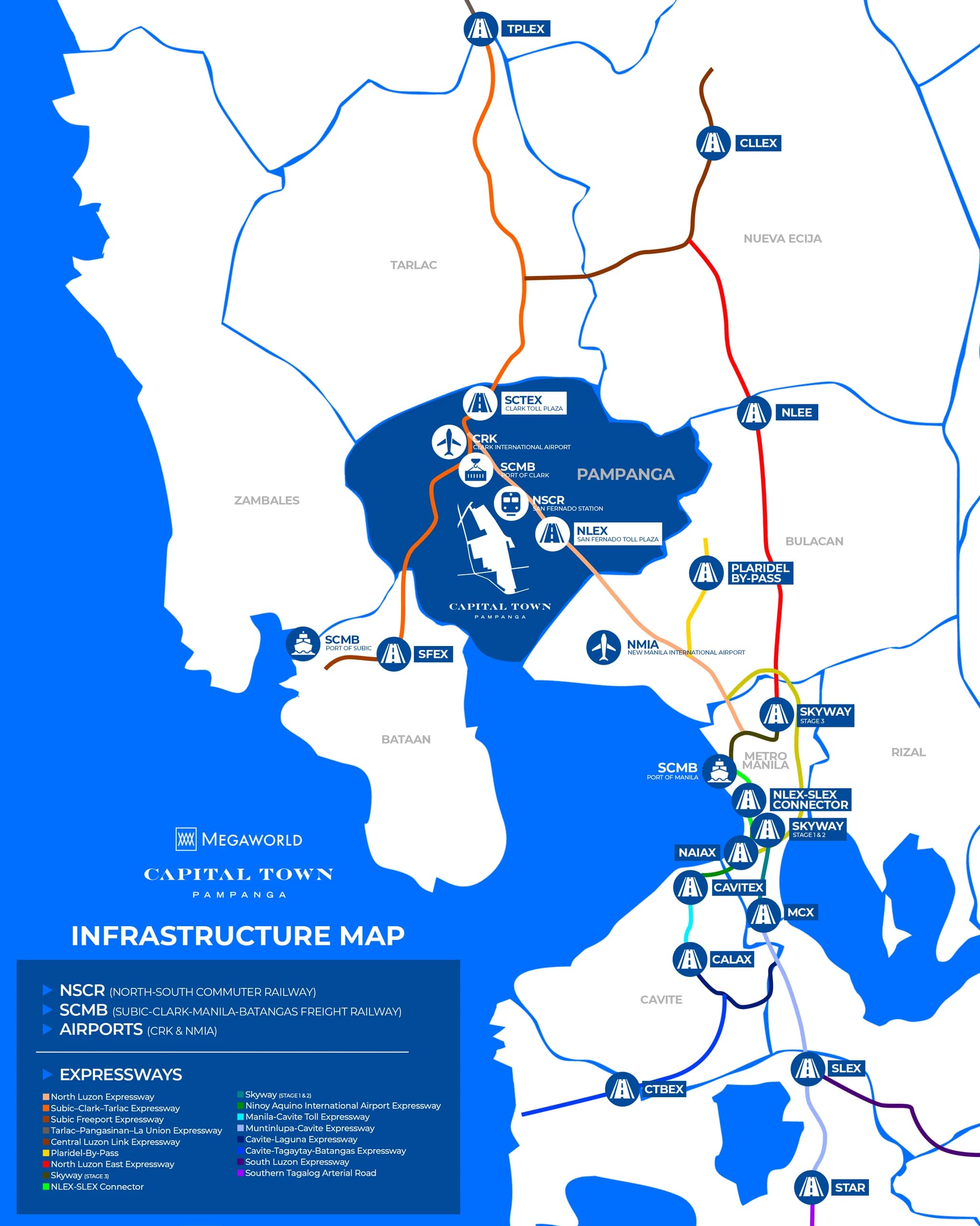 Infrastructure map showing Capital Town Pampanga's position relative to NLEX, SCTEX, TPLEX, and other North and South Luzon expressways, the NSCR railway, and Clark and New Manila international airports